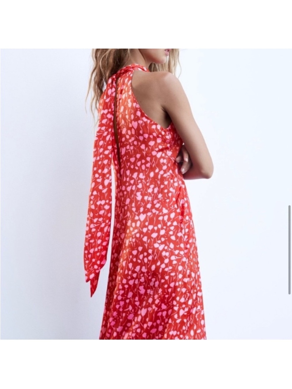 Zara Coral Pink Halter Maxi Dress floral Print XS